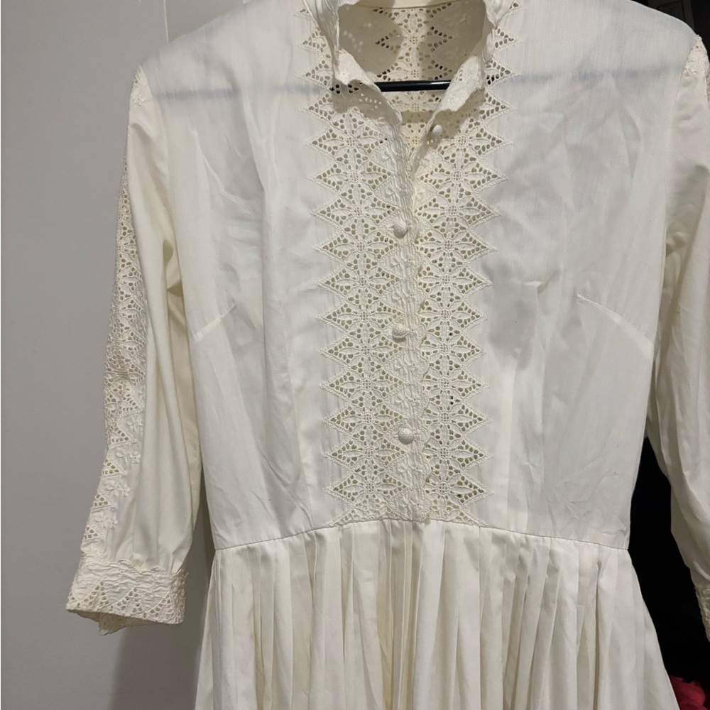 Classic Ivory Lace-Trim Midi Dress